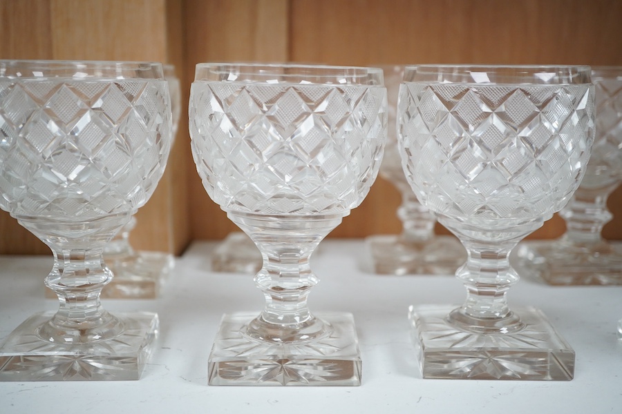 A set of twelve Voneche glass square based wine glasses, 13.5cm high. Condition - fair to good, some minor chips